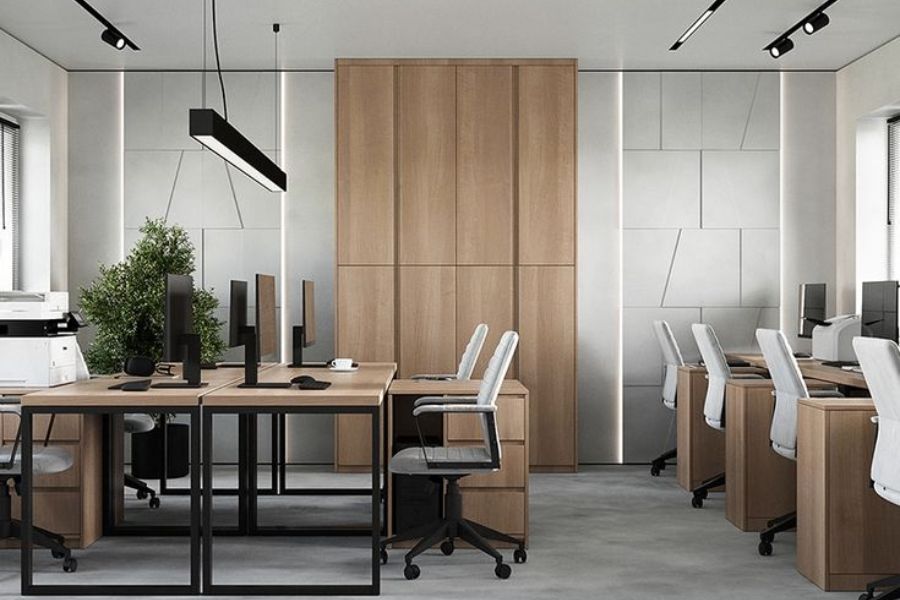 Thiết kế Văn phòng Minimalism sử dụng 3 màu gỗ, trắng, đen làm chủ đạo