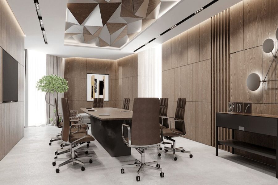 25+ Mẫu thiết kế nội thất đẹp, hiện đại 8 Thiết kế phòng họp với thiết kế trang trí và tạo điểm nhấn trần độc đáo, sáng tạo