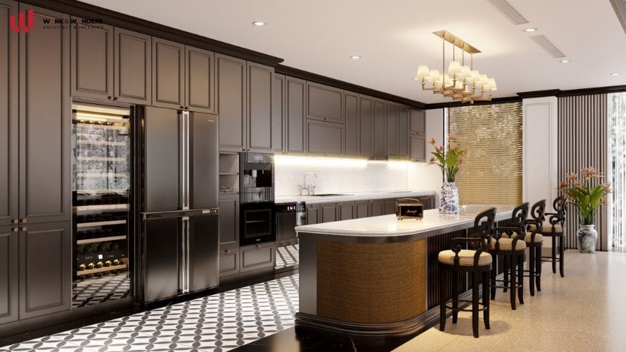 Những mẫu thiết kế thi công nội thất đẹp 2024 46 Không gian bếp là sự phối hợp hài hoà giữa yếu tố hiện đại cùng những chất liệu dân gian như mây, tre,..