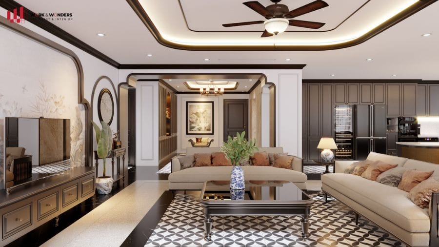 Những mẫu thiết kế thi công nội thất đẹp 2024 44 Phòng khách chính rộng rãi với điểm nhấn gạch sàn đậm nét Đông Dương