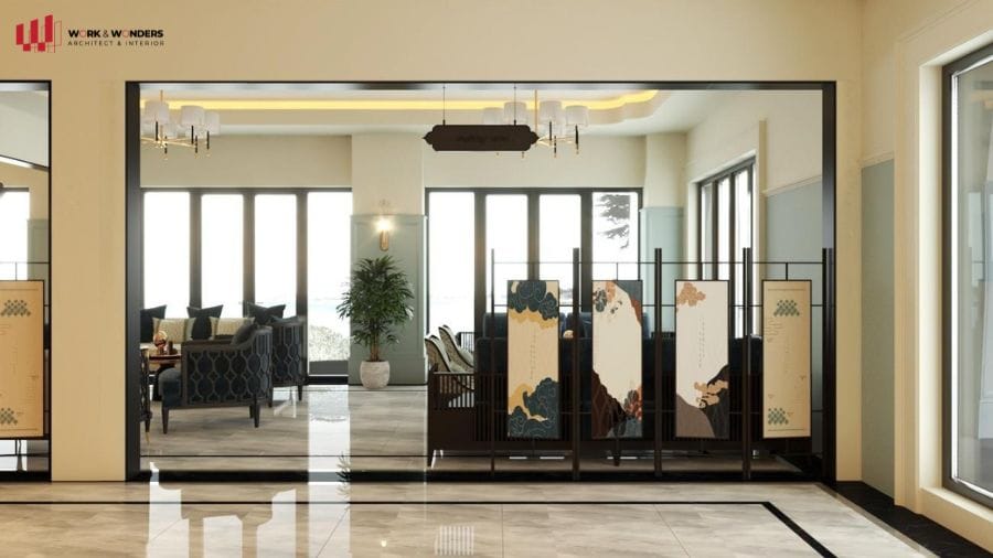 Những mẫu thiết kế thi công nội thất đẹp 2024 32 Không gian hạn chế sử dụng vách ngăn tường, thay bằng các vách ngăn truyền thống tạo điểm nhấn độc đáo cho nhà hàng