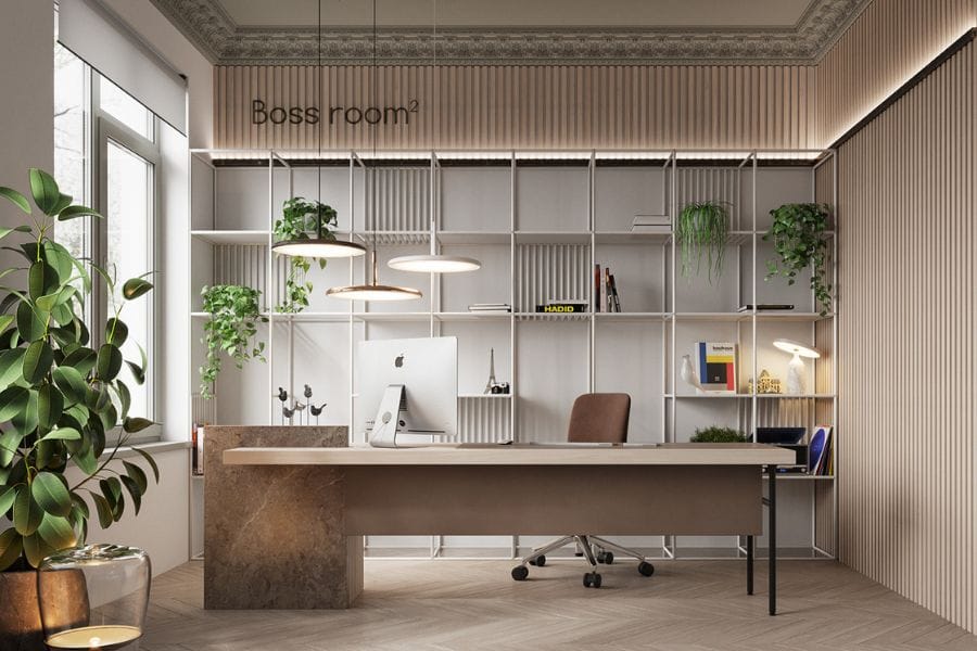 Những mẫu thiết kế thi công nội thất đẹp 2024 4 Tận dụng ánh sáng tự nhiên cùng của sổ lớn, kết hợp cây xanh tạo không gian thư giãn, thoải mái tinh thần cho người dùng