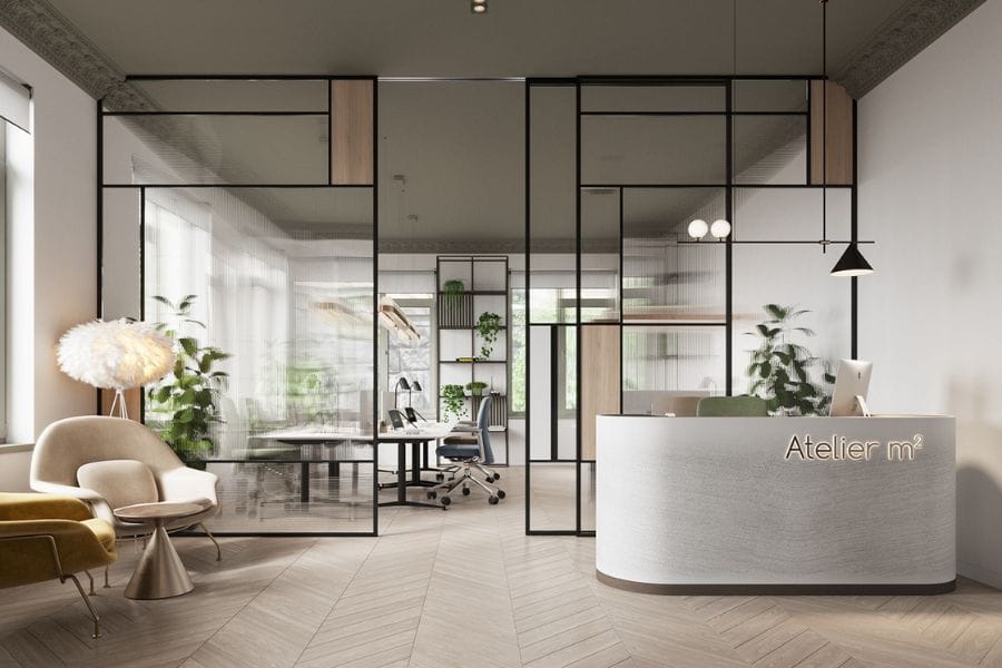 Những mẫu thiết kế thi công nội thất đẹp 2024 2 Quầy lễ tân và khu vực ghế chờ thiết kế nhẹ nhàng với các đồ nội thất cao cấp tạo sự sang trọng, cao cấp cho không gian