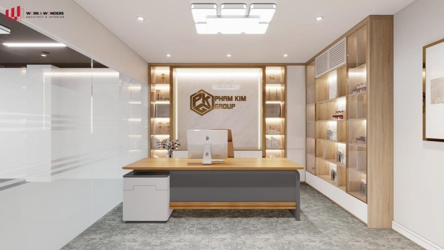 Phòng giám đốc với logo và gam màu mang dấu ấn thương hiệu Pham Kim Group