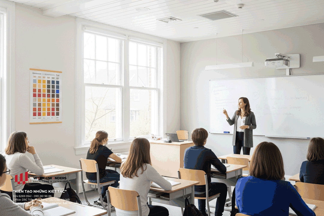 7 gam màu sắc thiết kế trường học khai mở tư duy học sinh 9 Thiết kế màu sắc trường học với tông trắng mở rộng tư duy học sinh.