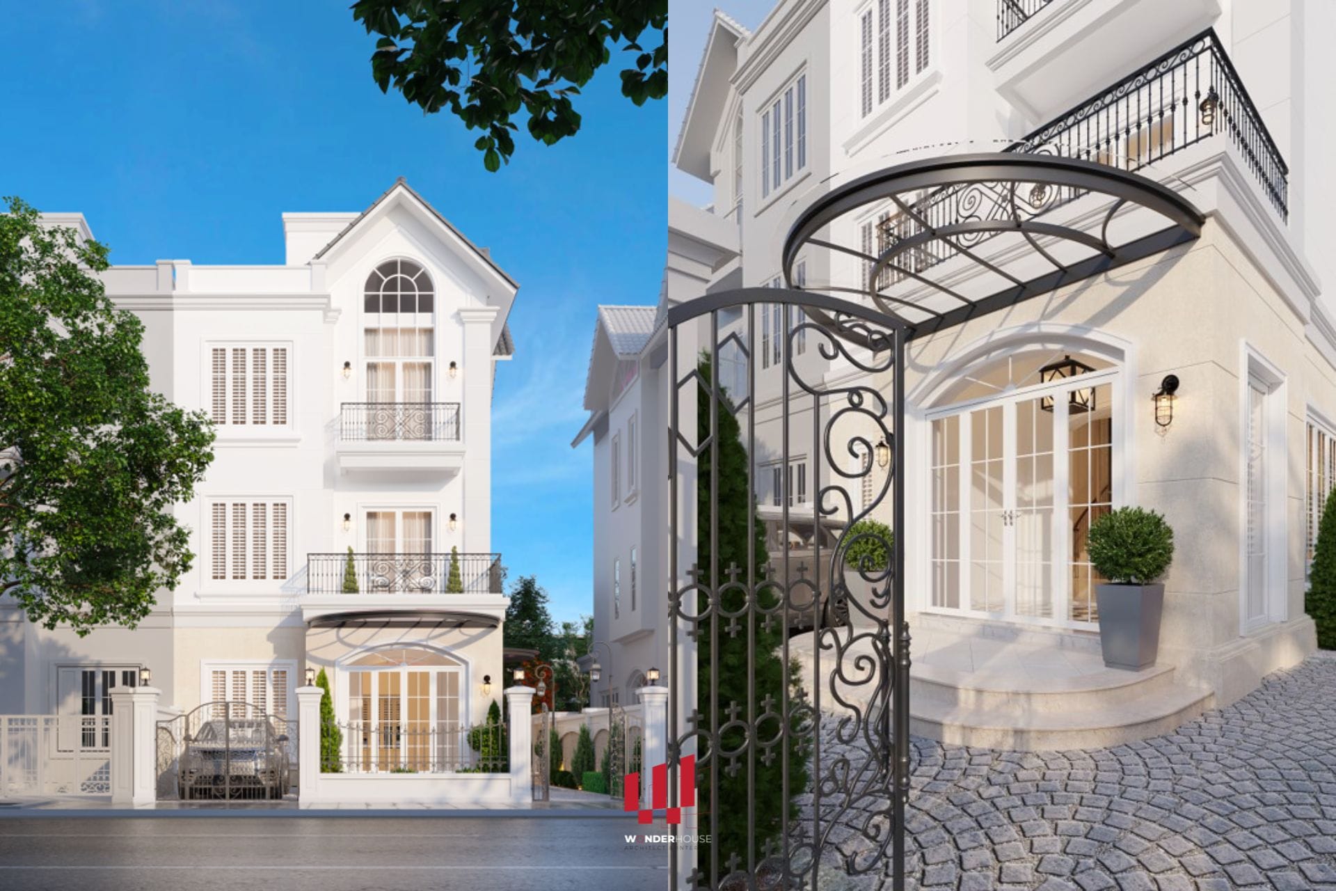 Thiết kế phối cảnh biệt thự Vinhome Riverside: góc nhìn từ mặt trước, cổng và sân vườn