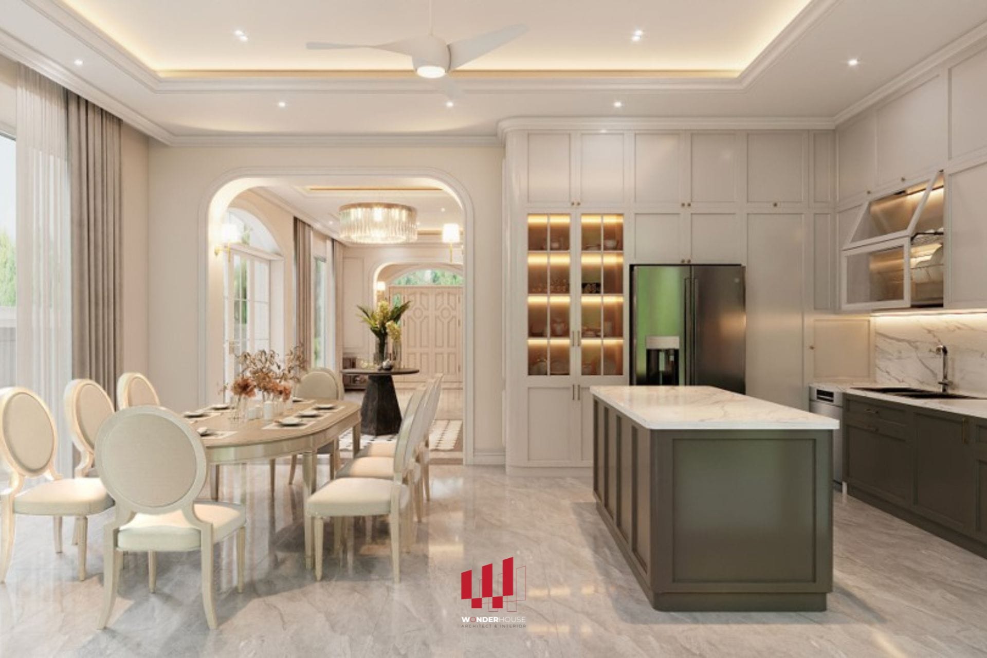 Thiết kế bếp liên thông với phòng khách và đại sảnh trong biệt thự Vinhome Riverside
