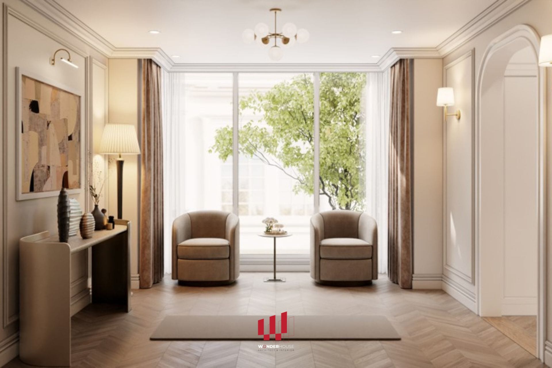 Thiết kế sảnh chung biệt thự Vinhome Riverside: đón ánh sáng tự nhiên từ 2 phía