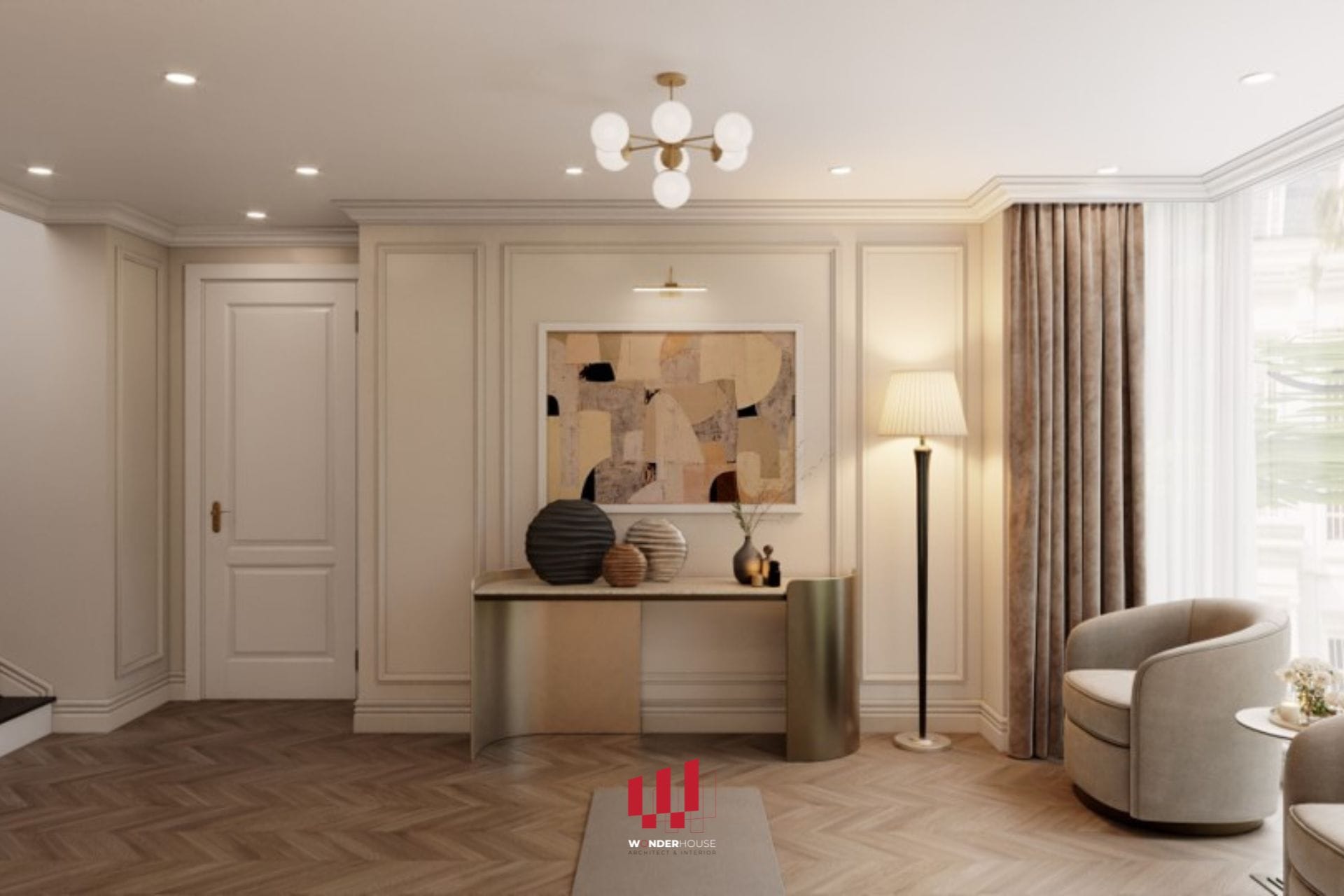 Thiết kế sảnh chung gần khu vực thang máy trong biệt thự Vinhome Riverside