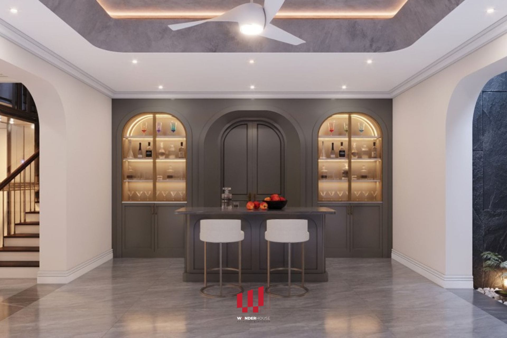 Thiết kế tầng hầm biệt thự Vinhome Riverside: quầy và tủ rượu theo sở thích của chủ nhân