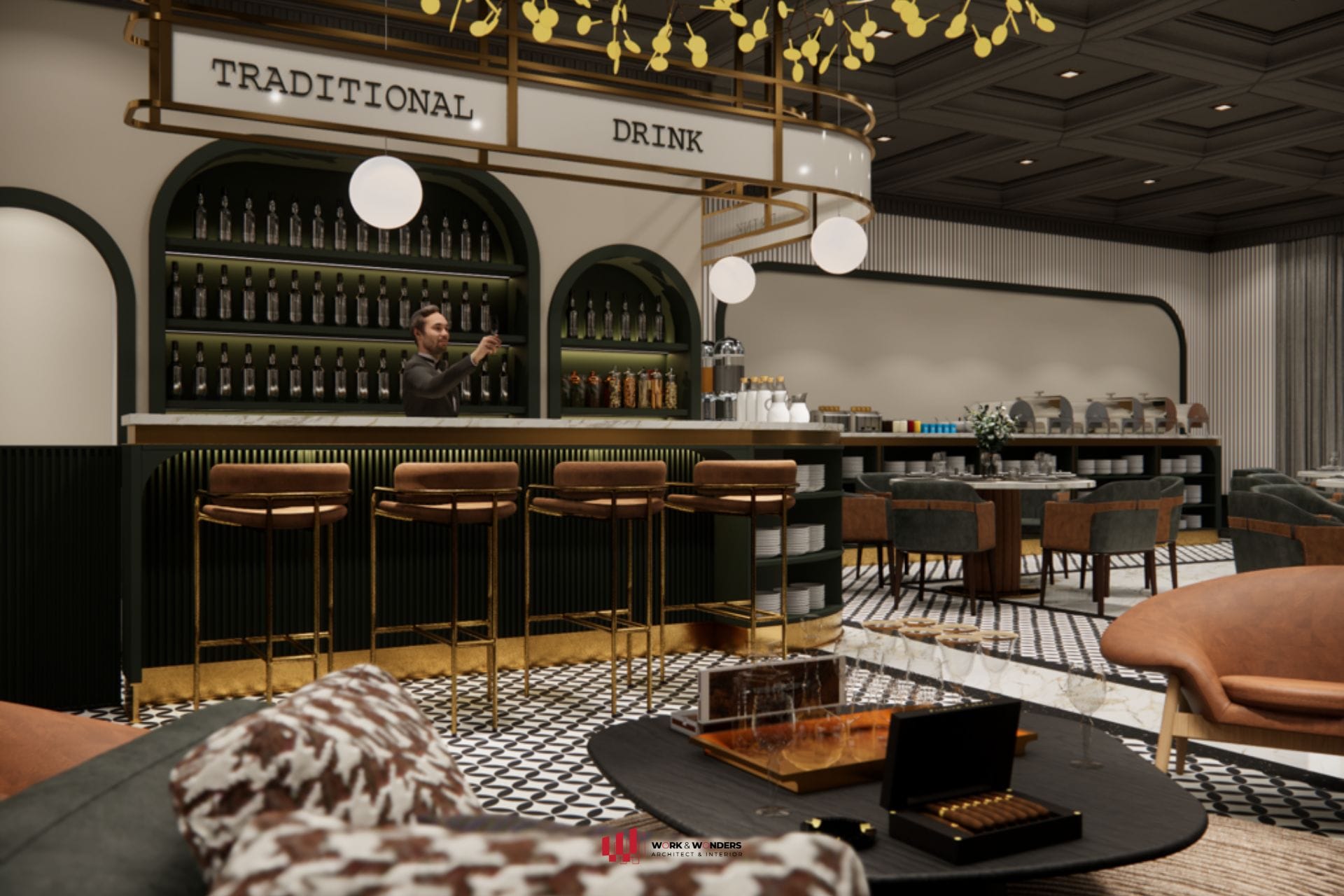 Thiết kế Showroom 360°: Nội thất kể câu chuyện thương hiệu 13 Thiết kế quầy bar và line buffet cho sự kiện riêng tư trong khu VIP Showroom