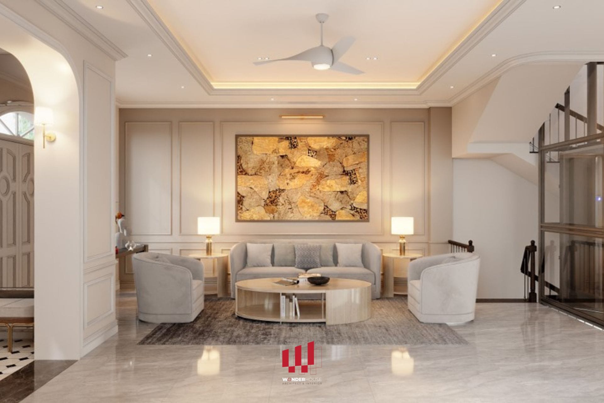 Thiết kế phòng khách trong biệt thự Vinhome Riverside: phong cách Pháp đương đại hài hoà giữa lòng Hà Nội