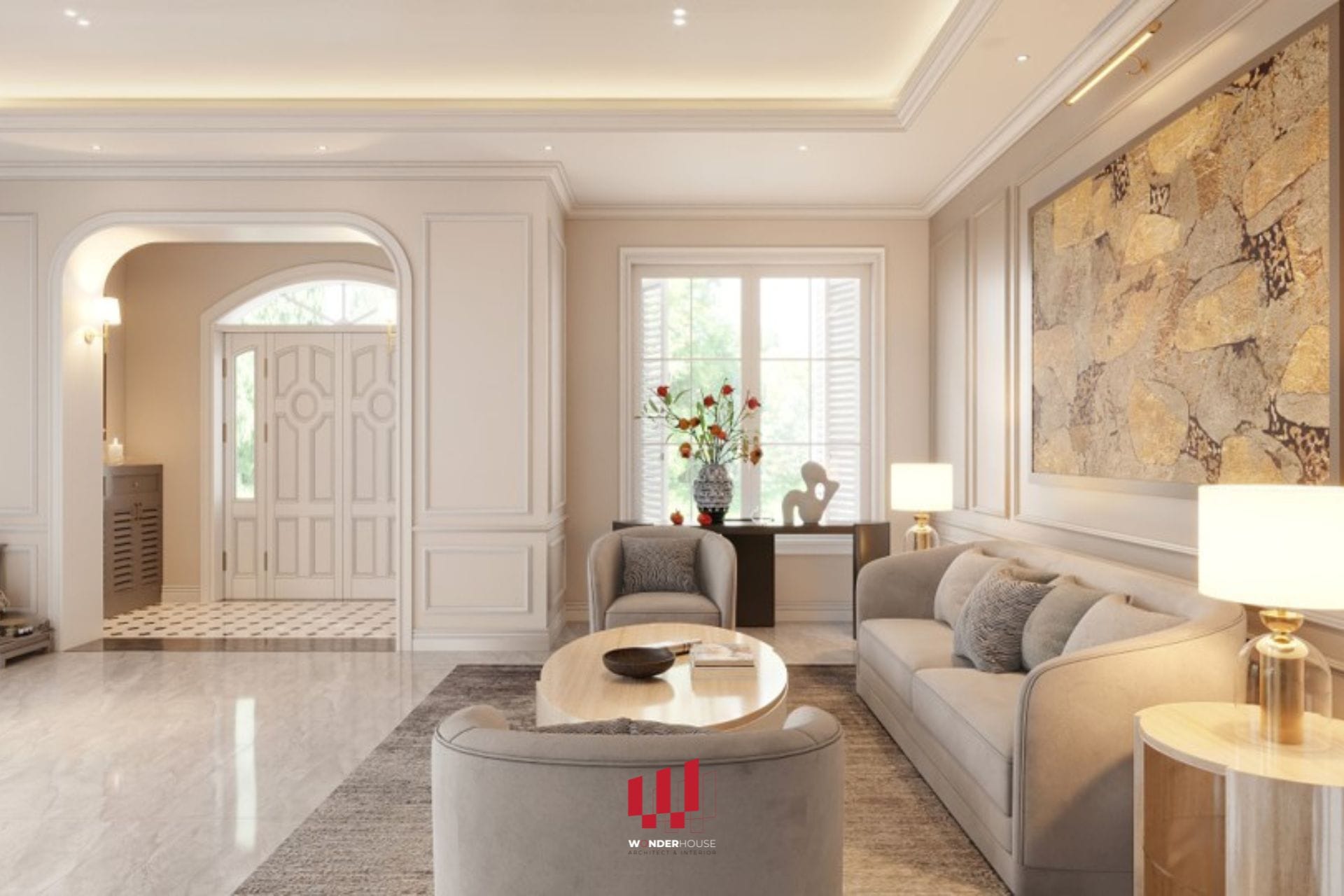 Thiết kế phòng khách và sảnh đón chính trong biệt thự Vinhome Riverside