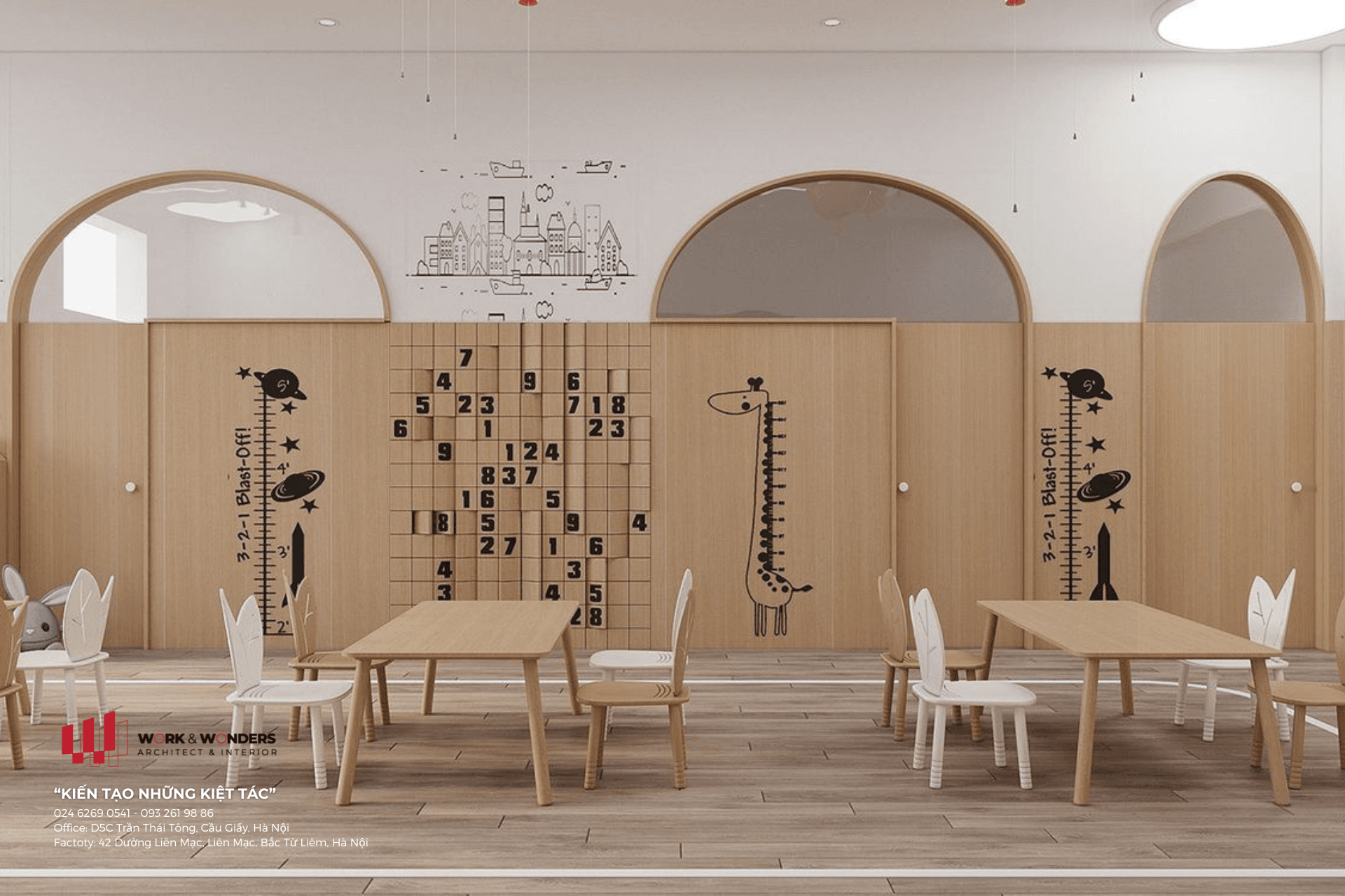 Không gian học tập liên cấp được thi công hoàn thiện theo quy trình Design & Build, thể hiện sự đồng bộ giữa kiến trúc, ánh sáng, màu sắc và nội thất trường học.