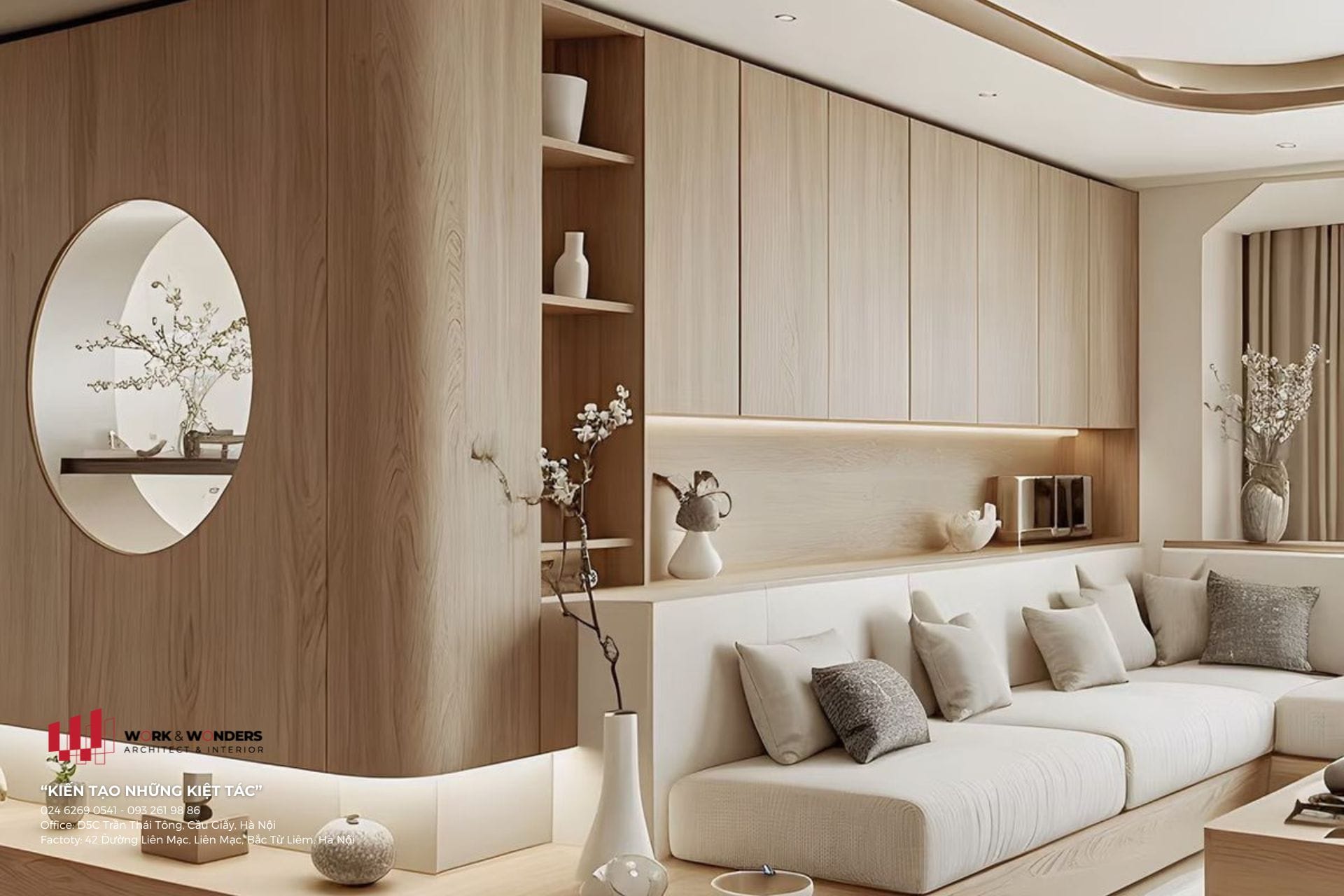 Phòng khách sang trọng phối hợp Melamine – Veneer – Laminate trong sản xuất nội thất, đồng bộ màu sắc và hiệu ứng bề mặt cao cấp.