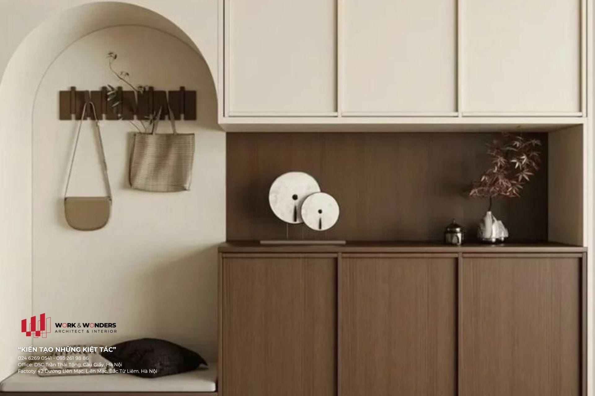 Khu tủ giày thiết kế hiện đại với vật liệu Melamine – Veneer – Laminate trong sản xuất nội thất, mang đến độ bền cao và tính thẩm mỹ sang trọng cho lối vào nhà.
