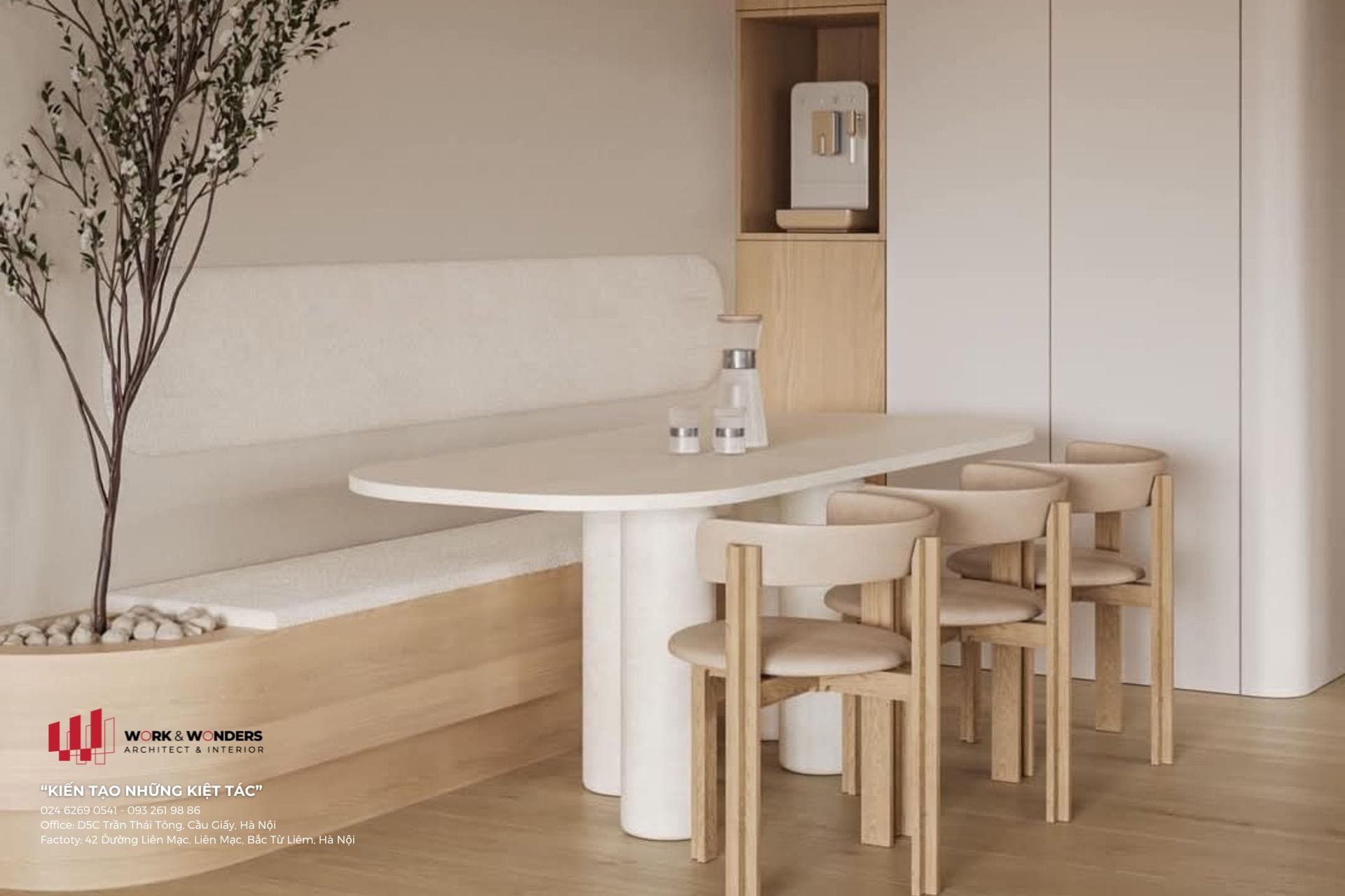 Không gian phòng ăn tiện nghi nhờ ứng dụng Melamine – Veneer – Laminate trong sản xuất nội thất, bền đẹp và phù hợp cường độ sử dụng hàng ngày.